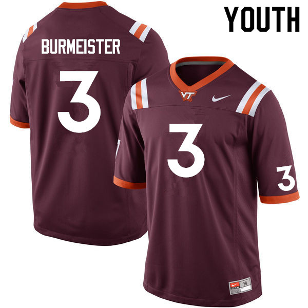 Youth #3 Braxton Burmeister Virginia Tech Hokies College Football Jerseys Sale-Maroon